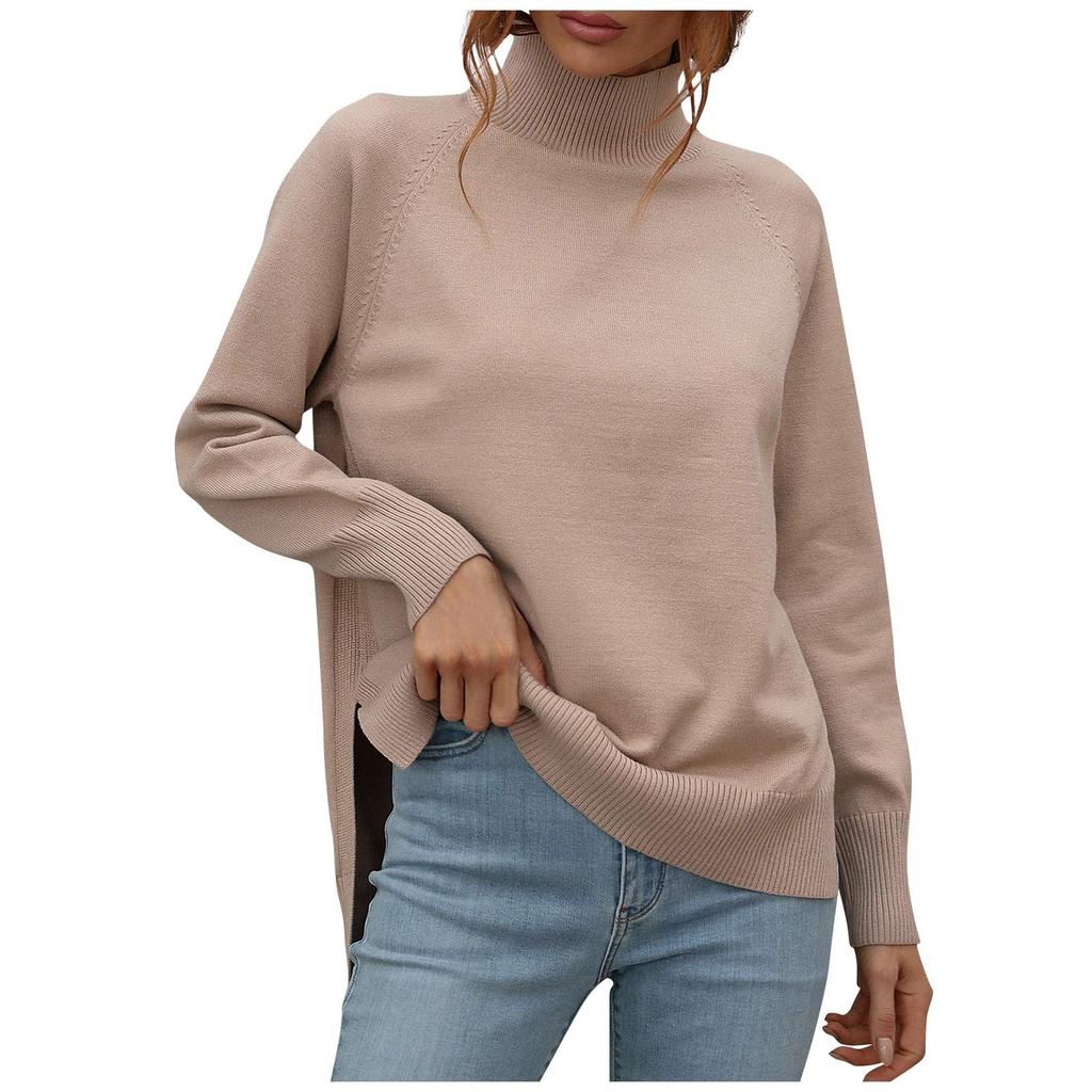 Dámský módní jednobarevný svetr s polovičním vysokým límcem, rozparkem dole a raglánovými dlouhými rukávy