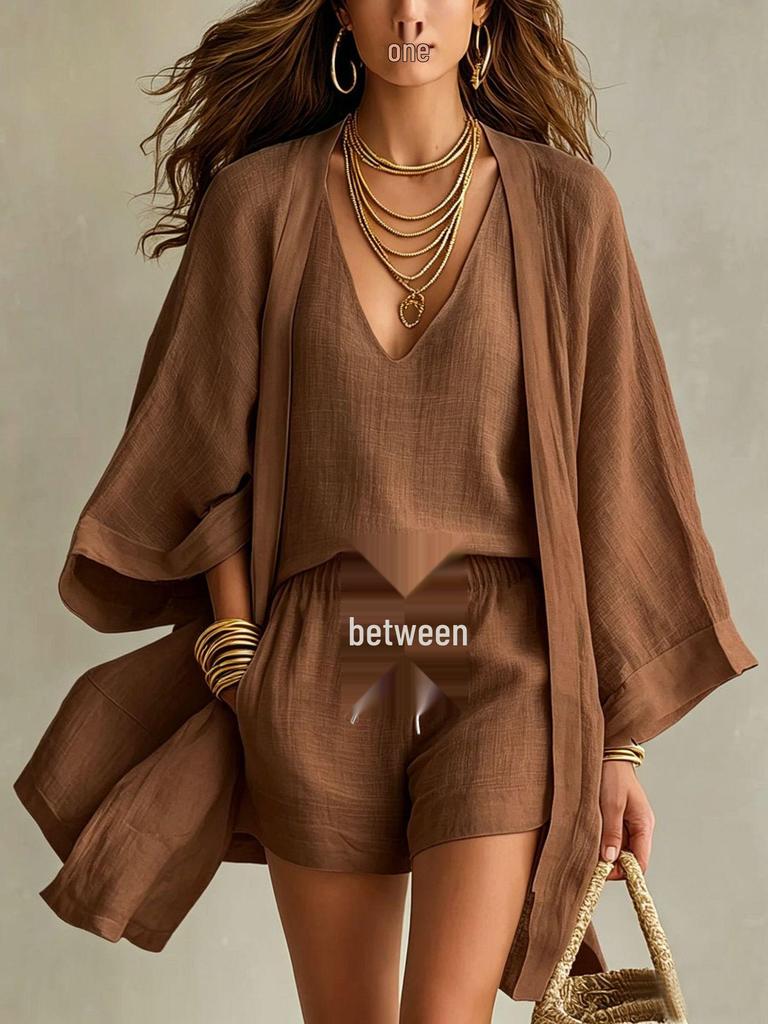 European/American Spring-Fall Three-Piece Set: Loose 9-Sleeve Cardigan, Sleeveless Vest, and Long Pants.