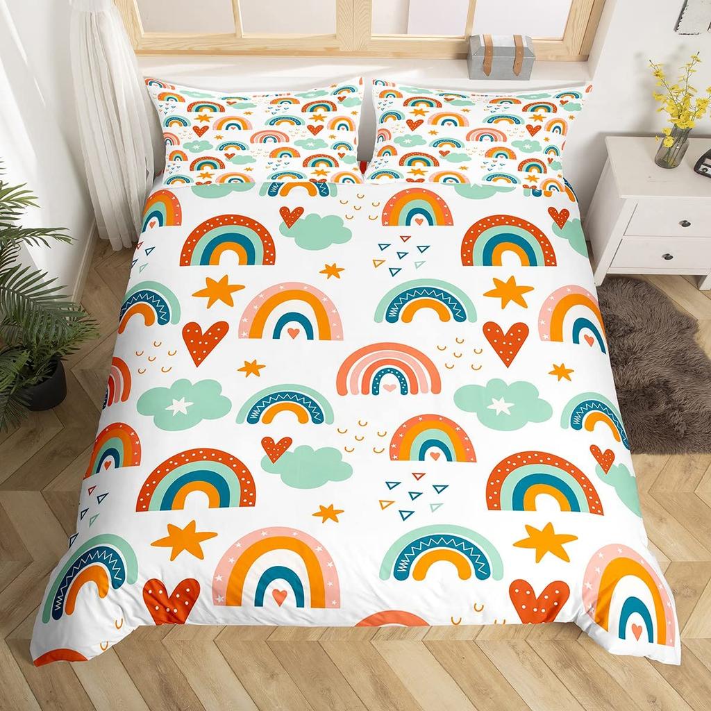 Rainbow King Queen Duvet Cover Colorful Rainbows Bedding Set Watercolor Floral Butterfly Comforter Cover Polyester Quilt Cover