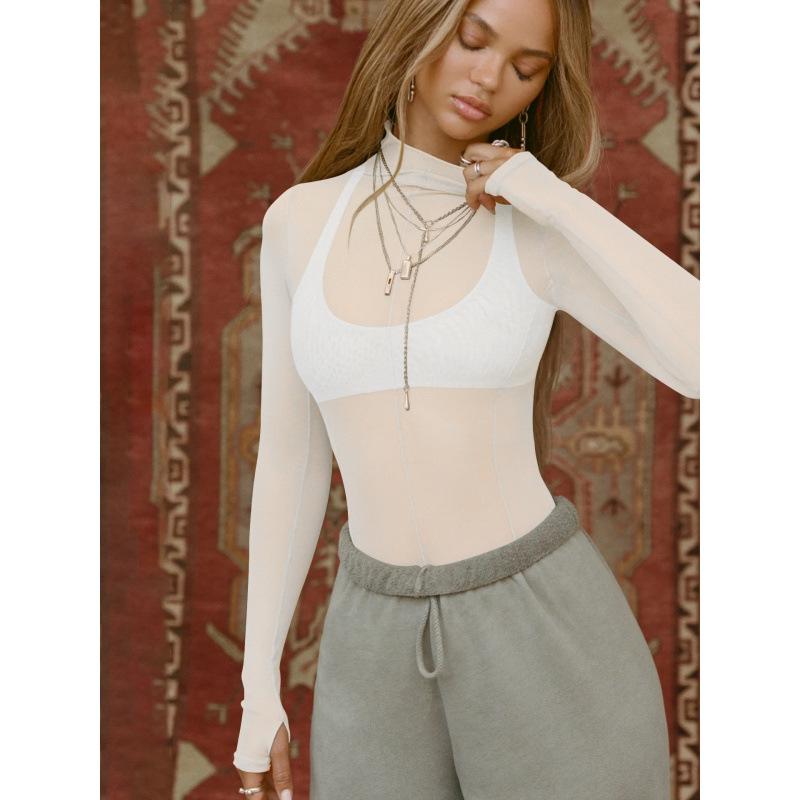 Hot Selling Sexy See-Through Mesh Long Sleeve Slim-Fit High Neck Women's Top