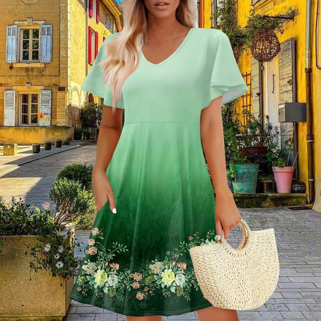 Women Summer Dress Casual Swing Floral Ruffle Short Sleeve Sundresses Beach  A-line  Dress  With Pockets
