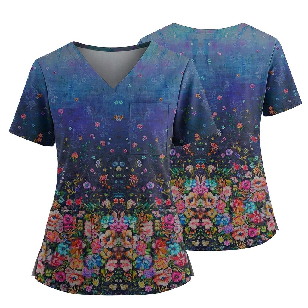 Women's Casual Printed V-Neck Pocket Side Slit Short Sleeved Top Short Sleeved Top