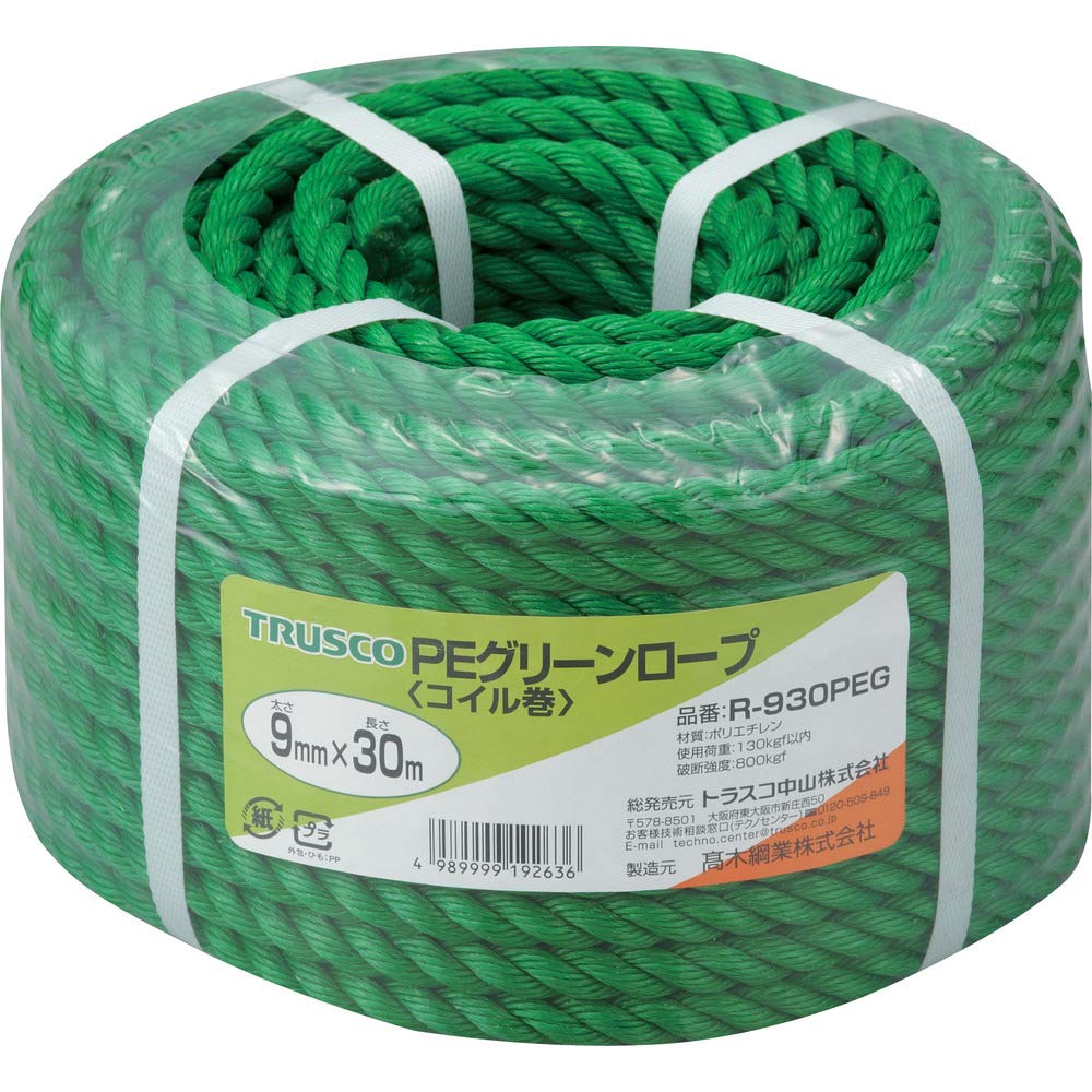 

TRUSCO PE Green 9mm x Rope, 30m, 3-Strand Type, R-930PEG зелёный