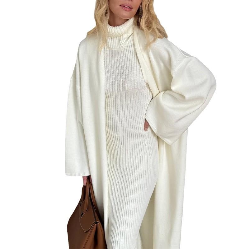 2025 Herbst/Winter Damen Slim-Fit Rollkragen Langkleid Cardigan Pullover Set
