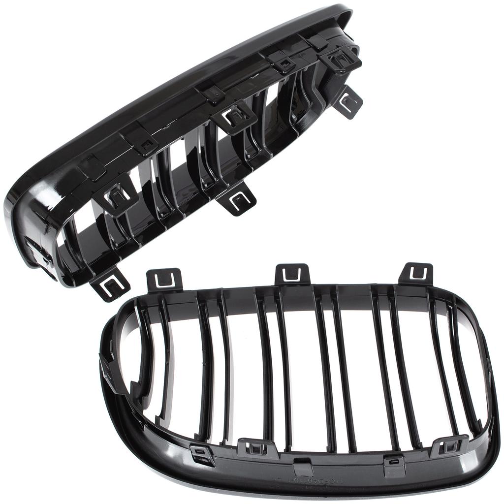 Grade entre os faróis dos BMW Série 1 E81 E82 E87 E88 (2007-2011) (rins) Conjunto esquerdo + direito BARRA DUPLA PRETA BRILHANTE