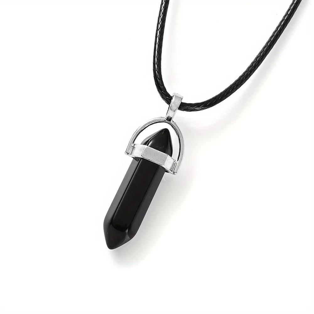 

New Natural Stone Pendant Necklace Women PU Leather Hexagonal Column Pointed Reiki Chakra Lapis Opal Chunky Zircon