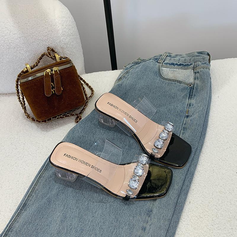 Rhinestone slippers women's fashion summer high sense transparent word with crystal thick heel high heel sandals