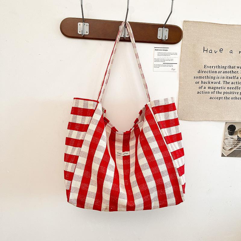 Striped plaid canvas bag women's new trendy fashion college style tote bag large capacity shoulder bag