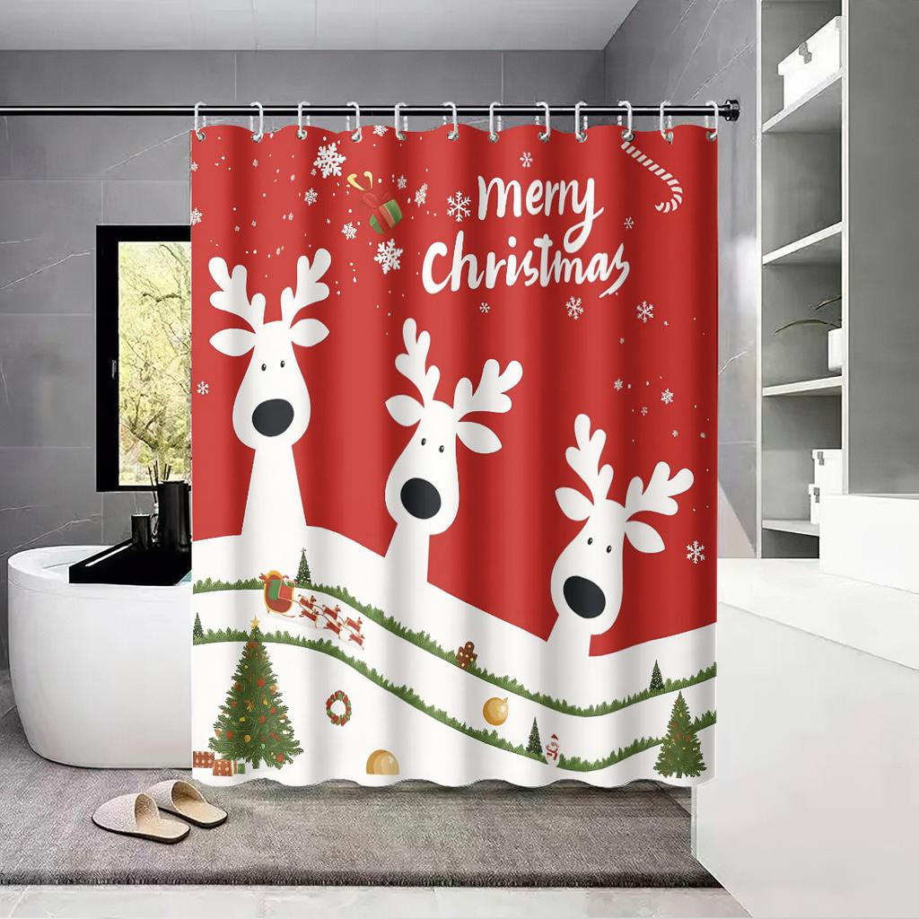1pc Christmas Reindeer Print Perforated Waterproof Shower Curtain Privacy Multi Size Hanging Curtain 12 Hooks Easy Installation