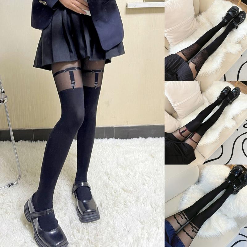 Sexy Women Faux Thigh High Socks Pantyhose Japanese JK Cute Jacquard Pattern Patchwork Stockings Mock Suspender Tights
