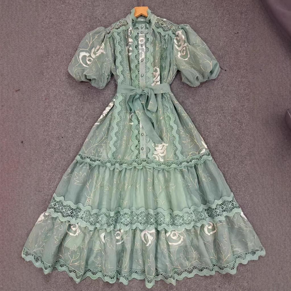 Lace Stand Collar Embroidered Patchwork Puff Sleeve Dress