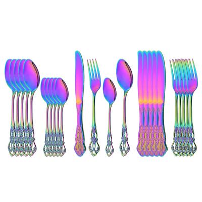24Pcs for 6 Western Dinnerware Stainless Steel Shiny Rainbow Cutlery Set Knives Forks Spoons Teaspoons Party Wedding Tableware Set