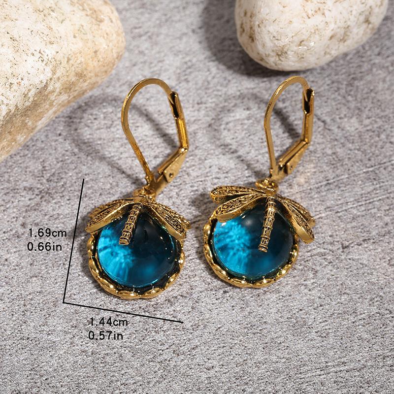 Vintage Bronze Dragonfly Earrings Fashion Gold Color Metal Carving Pattern Inlaid Multicolour Moonstone Drop Earrings For Women