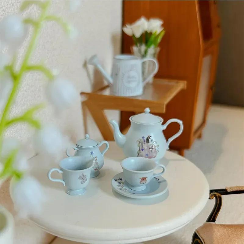 5PCS Cute Mini Ornaments 1/12 Scale Miniature Dollhouse Teapot Tea Cup Set for OB11 BJD Doll Accessories Home Decoration