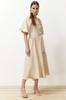 Women's Fashion Linen Look Woven Shirt Dress with Stone Belt and Half Balloon Sleeves
