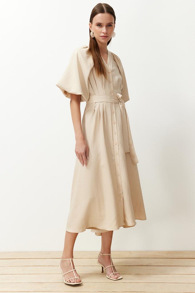 Women's Fashion Linen Look Woven Shirt Dress with Stone Belt and Half Balloon Sleeves