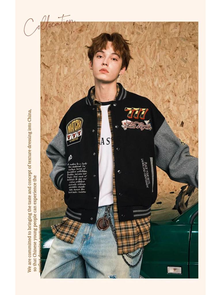 Herren Flockstickerei Bomberjacke für Herbst/Winter – Lockere Passform Amerikanischer High-Street-Stil