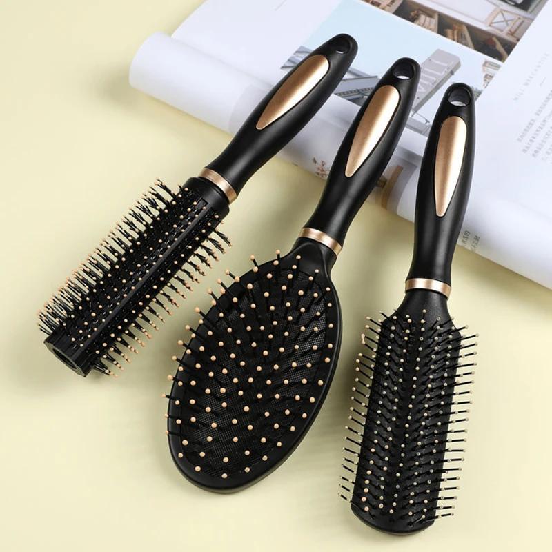 Black and Gold Anti-Static Hair Brush Set with Massage Function for Curly Hair Care