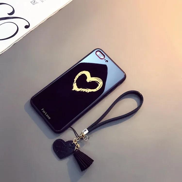 For Xiaomi Redmi Note 9 Pro Max 8 Pro Case Tempered Glass Love Heart Back Cover Tassel Lanyard For Redmi Note 13 Pro Plus 12 Pro