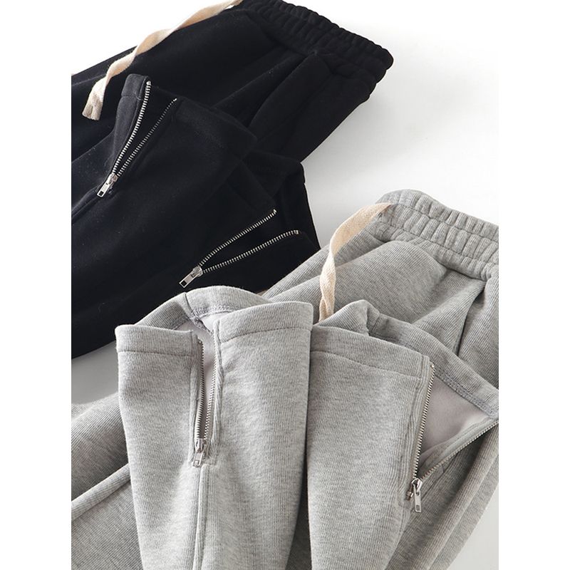 Men's Winter Fleece-Lined Thickened Straight-Leg Sweatpants with Zipper Cuffs, Export Quality Knitted Casual Pants