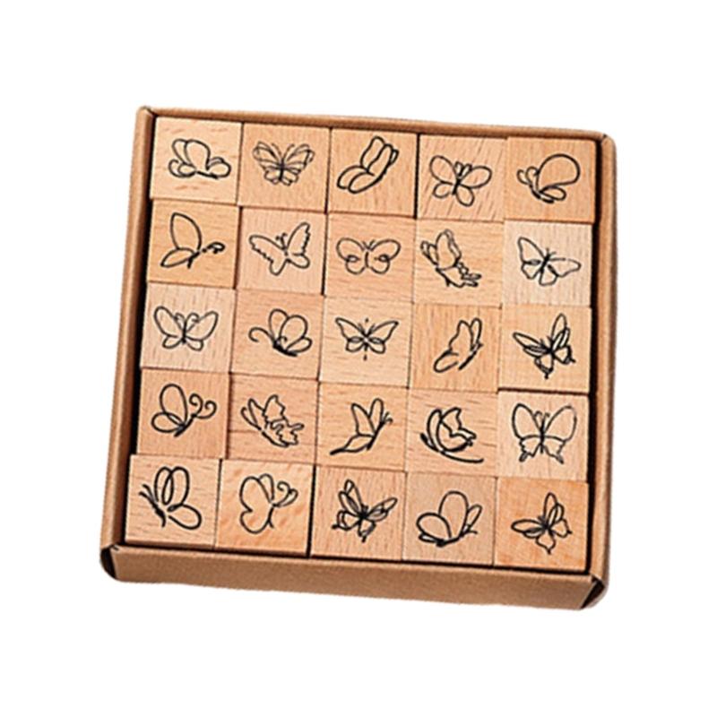 25Pcs Vintage Wood Stamp Flower Butterfly Themed Stamp for Scrapbooking Card Making Journal Photo Album and Packaging