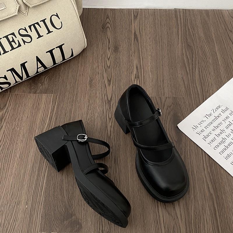 Fashion New Mary Jane Shoes Buckle Pumps Women Thick Heels Elegant Shallow Square Toe Footwear Party Office Lady Leather Shoes