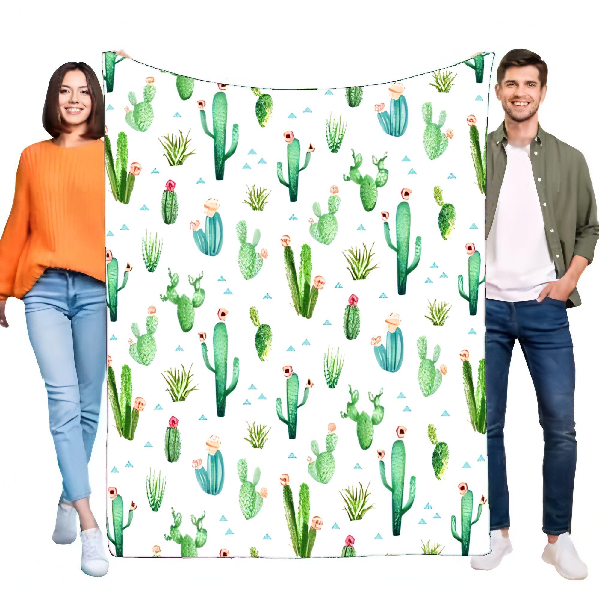 Soft Cozy Watercolor Cactus Blanket Flannel Throw, Botanical Succulent Plant Pattern for Bed Sofa Couch Living Room Decor, Light 75X95CM