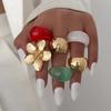 Ingemark 6Pcs/Set Vintage Geometry Resin Flower Rings for Women Trendy Creative Metal Open Adjustable Knuckle Rings Jewelry Gift