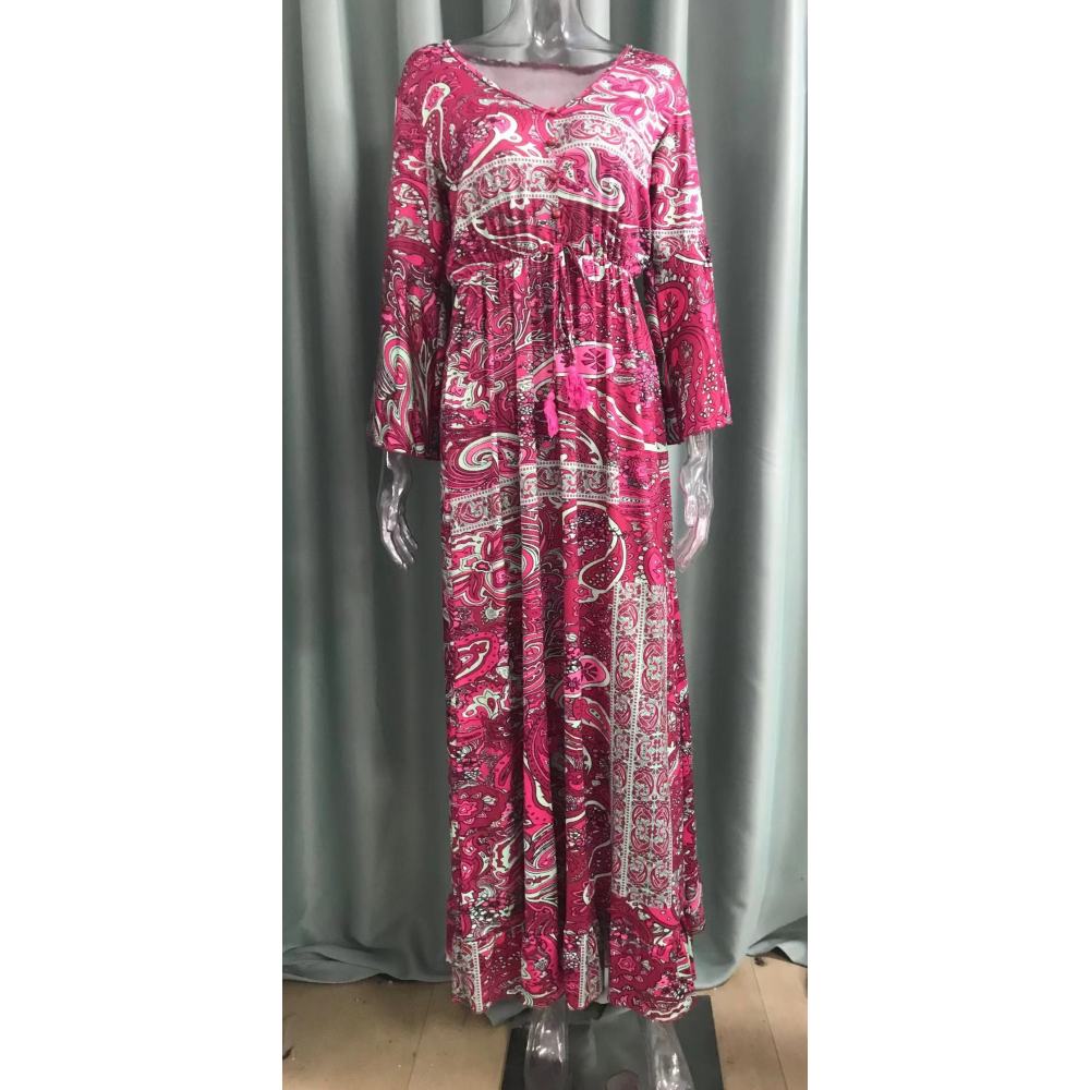 Langes Urlaubskleid im Bohemian-Stil mit Glockenärmeln, V-Ausschnitt und hoher Taille für Damen