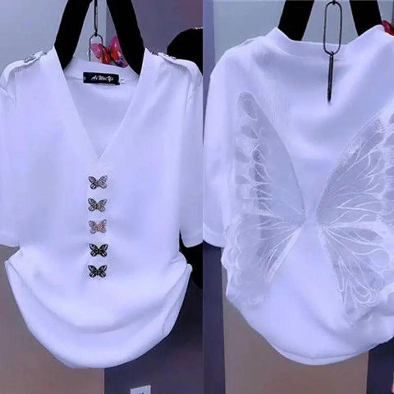 Summer Women Solid Color T-shirt Butterfly Decoration Female Elegant V-Neck Sexy Backless Pullovers