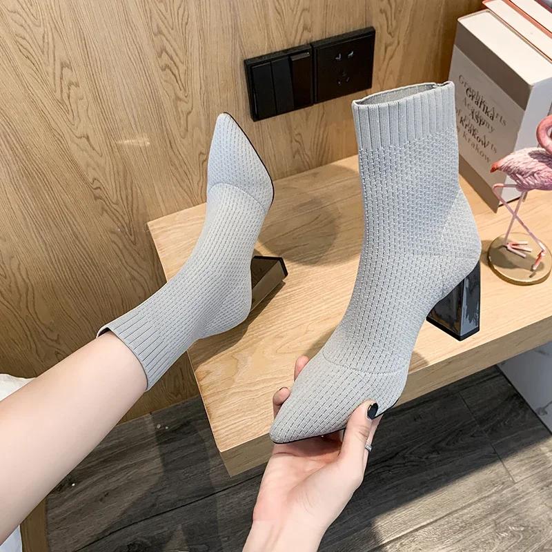 Fashion Footwear Black Pointed Toe Short Shoes for Woman Elastic Booties Sock Women's Ankle Boots Pu Trend 2024 High Quality Hot