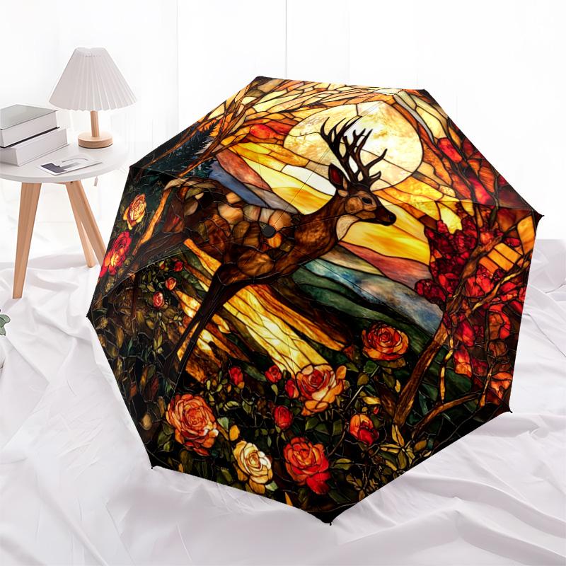 1 PC Automatic Folding Umbrella - Deer Sunset Pattern, Portable & Foldable Design with 8 Ribs, Christmas Birthday Gifts