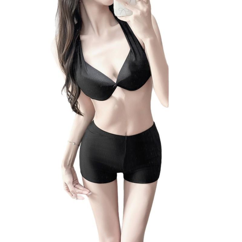 Bikini Retro Hanging Neck Deep V Hollow Mesh Swimsuit Women Waist Drawstring Thin Hot Vacation