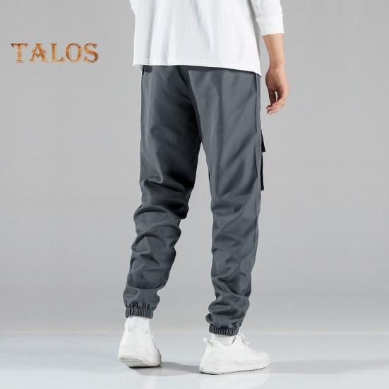 Men Cargo Pants Drawstring Elastic Waist Solid Color Muti Pockets Ankle-banded Loose Sport Trousers Daily Wear Casual Pants