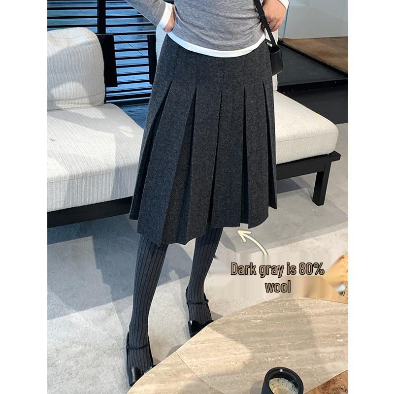 Double-Sided Grey Plaid Pleated Wool Blend Midi Skirt for Autumn/Winter Medium темно серый
