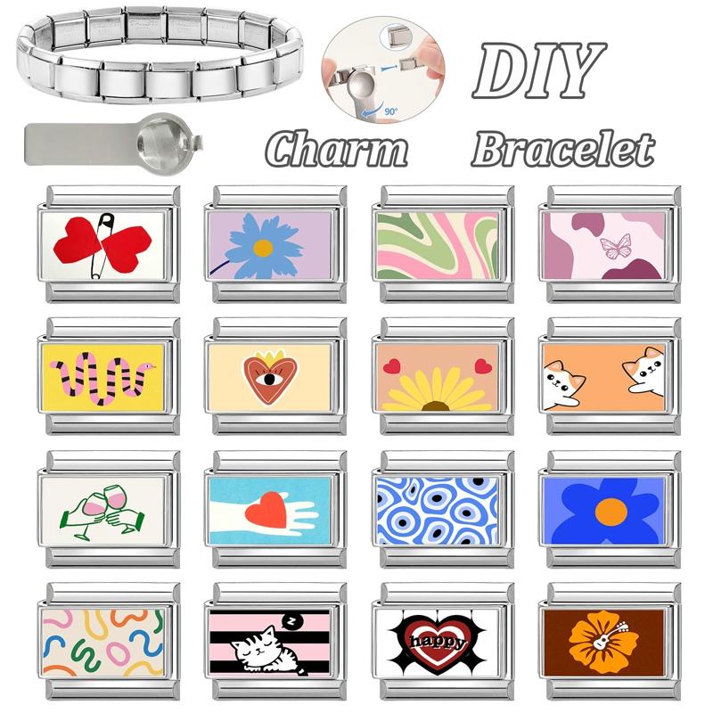 Wholesale Sunflower Rainbow Butterfly Cat Heart Eyes Italian Charm Links Fit 9MM Stainless Steel Bracelet Women DIY Making Gift