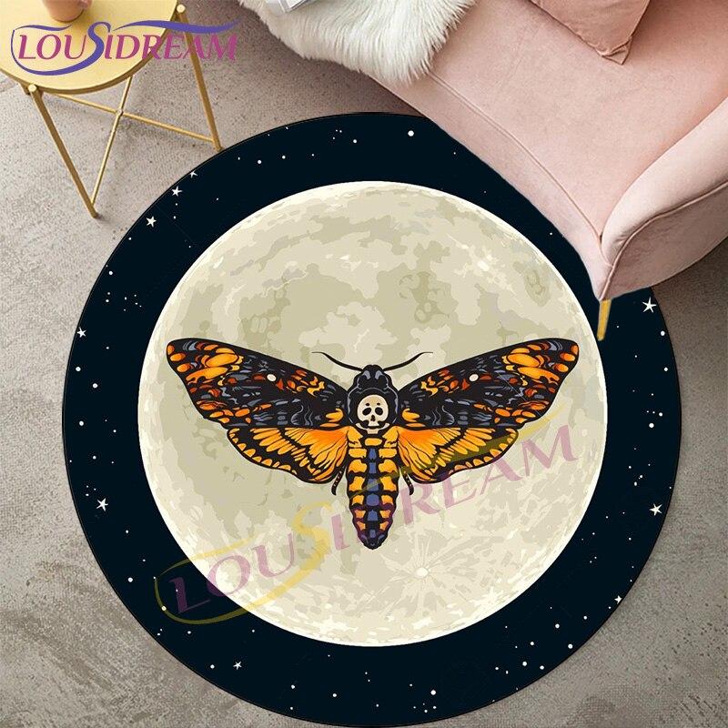 Alfombras de polilla de la muerte para sala de estar, alfombra redonda con calavera gótica, alfombra para suelo, alfombra con mariposa, Luna y estrella, felpudo