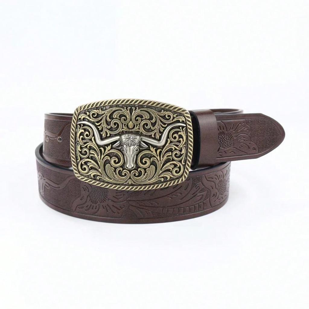Western Cowboy Belt, Bull Head Big Board Buckle, Retro Youth Punk PU Leather Casual Versatile Belt for Men and Women