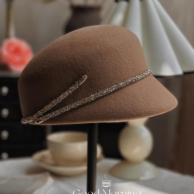 Rhinestone Decorated Wool Tweed Beret Hat Vintage Elegant British Style for Autumn Winter Equestrian Riding Daily Party Wear
