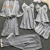 5 Pcs/Set Women Pajamas Suit Nightgown Nightdress Top Shorts Pants Set Silky Satin Lace Patchwork Loose Lace-up Waist Thin Women Homewear Set