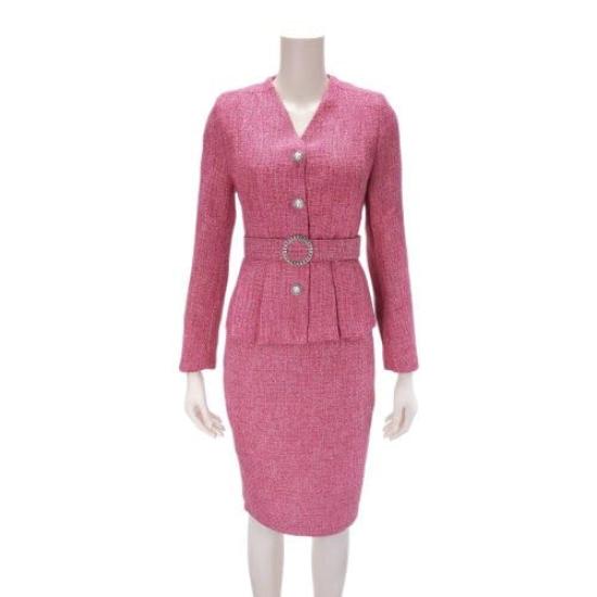 GRAXIA Pink Midi Long and Perfect for Hostess and Size Women's Dress, Two-Piece Set, Tweed, Fitted, Knee-Length, Sleeves, Slit, Button-Down Design,