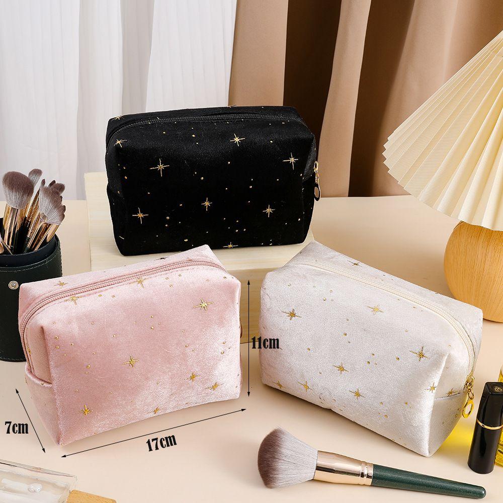 High Quality Portable Cosmetic Bag Hot Stamping Star Pattern with Zipper Women Toiletry Bag Soft Velvet Make Up Storage Bag