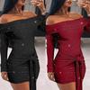 Herbst Damen Einfarbig Flash Einzeiliger Kragen Langärmeliges Schlankes Kleid