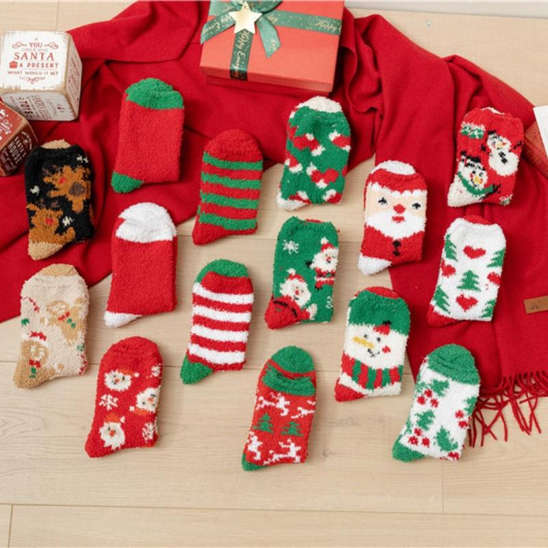 Kawaii Christmas Socks Autumn Winter Thicken Warm Mid-tube Plush Women Socks Coral Fleece Cartoon Homewear Floor Sleeping Socks