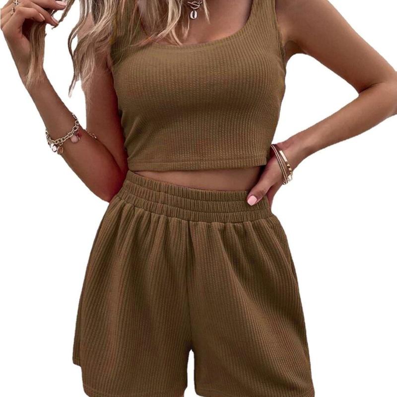 Damen Zweiteiler Sommer Strick Ärmelloses Crop Top und High Waist Kurze Lounge Sets