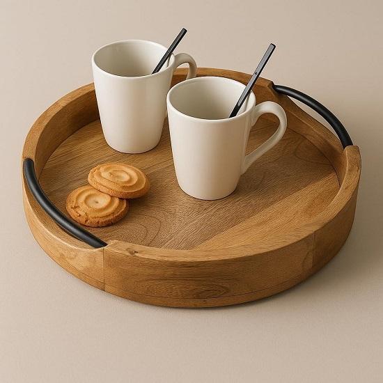 Round Wooden Serving Tray 25.4 cm Brown Wood Platter with Handles Rustic Decorative Tray for Coffee Table, Kitchen, Dining