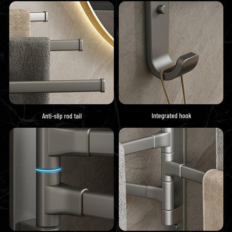 Rotating Punch-Free Wall-Mounted Multi-Rod Towel Rack for Bathroom Corner.