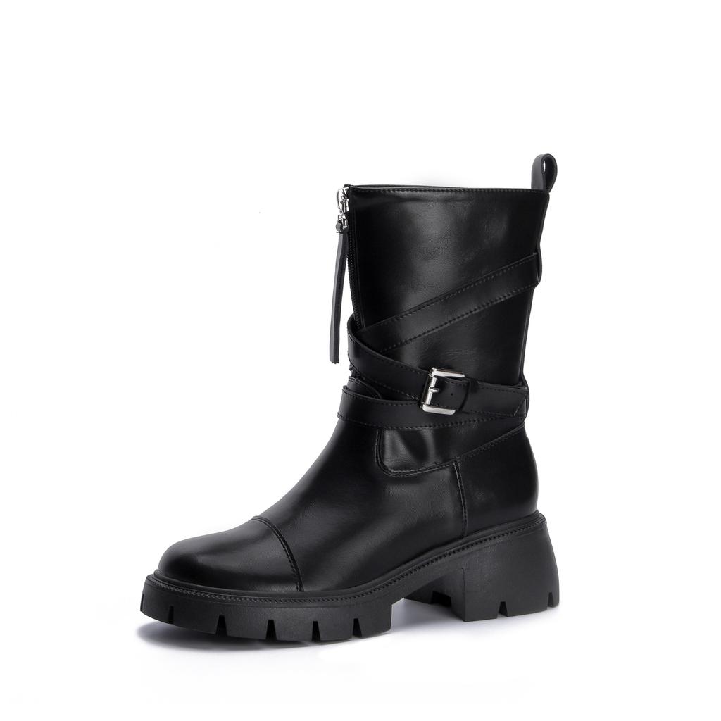 2025 winter new mid-tube knight boots women's platform locomotive boots Internet celebrity belt buckle Korean version leather boots women's outer wear