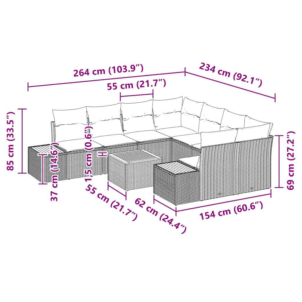 9 Piece Grey Garden Sofa Set with Cushions