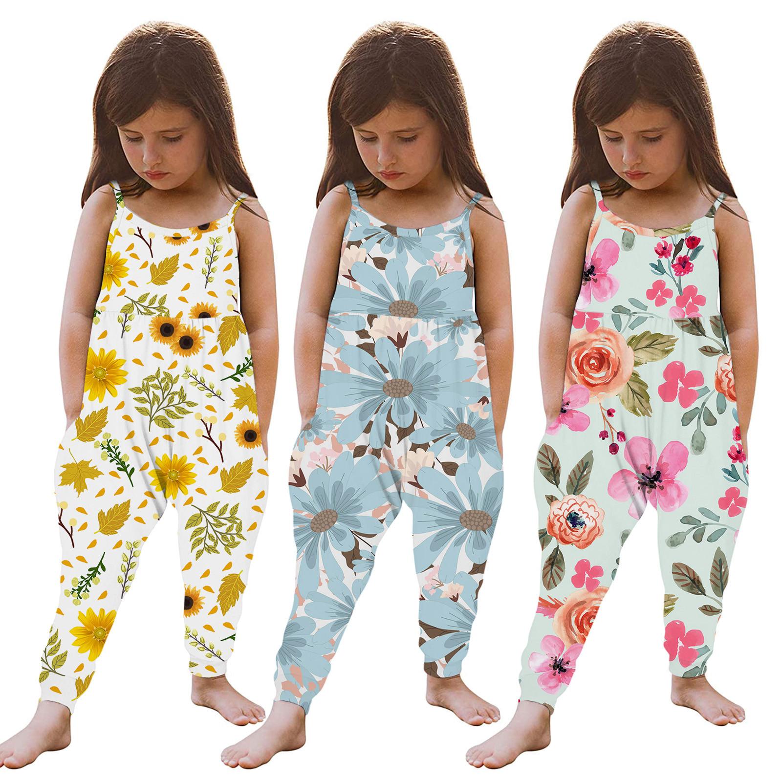 

Комбинезон без рукавов с цветочным принтом и ремнями для маленьких девочек, комбинезон